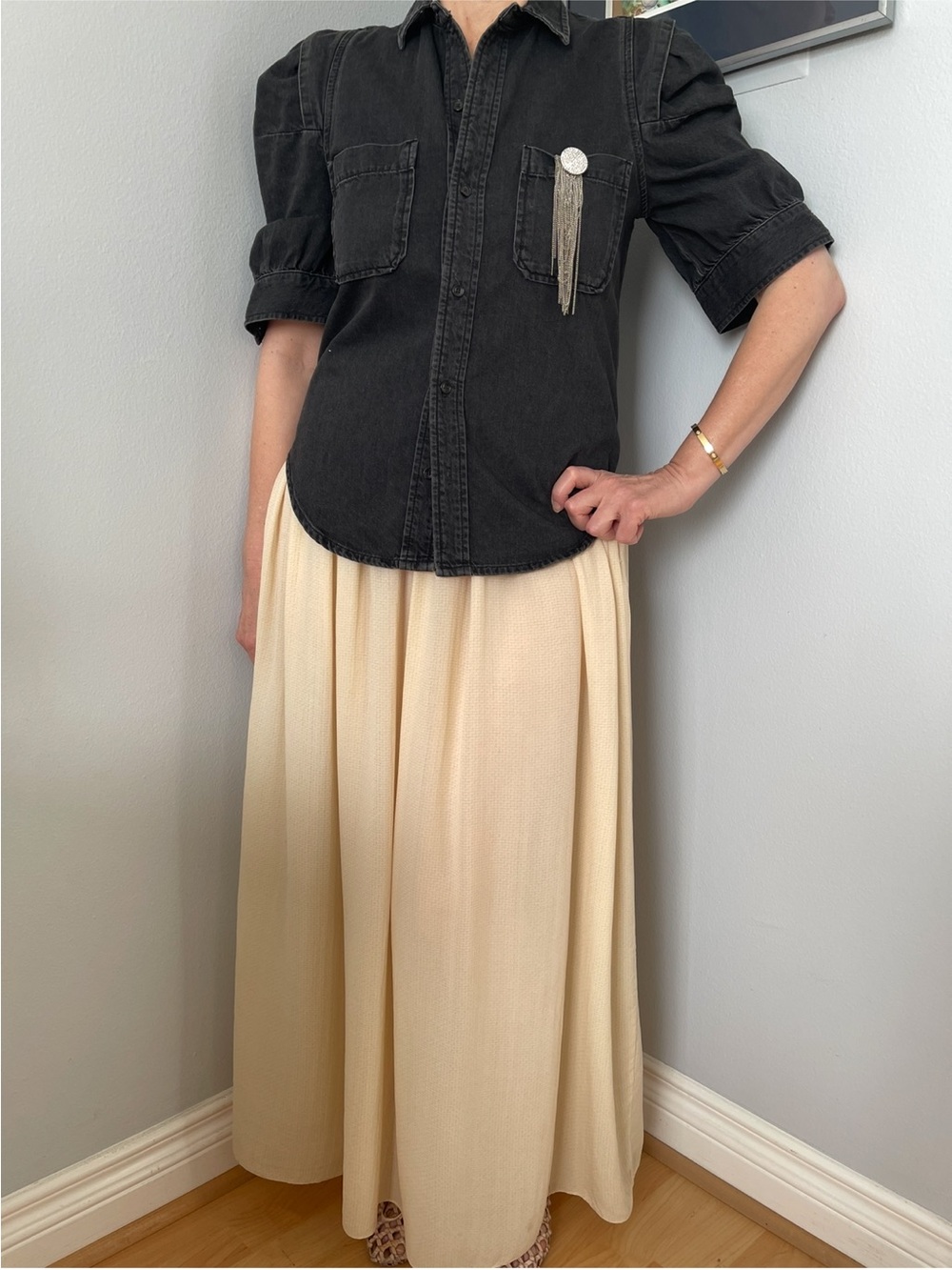 Vintage Patrick Petite Silk Flowing Cream Maxi Skirt for Women